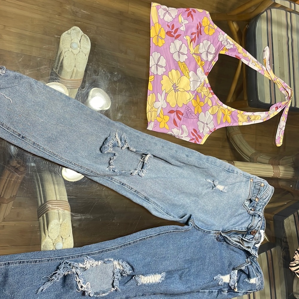 halter top and jeans! shirt is shein and pants is almost famous.